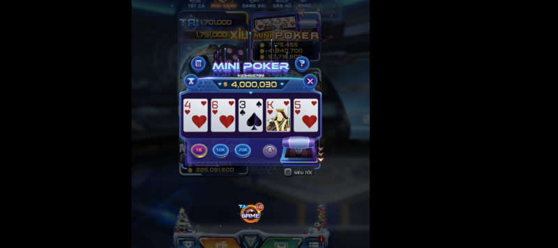 Các mức tiền thưởng trong Mini Poker của Win79